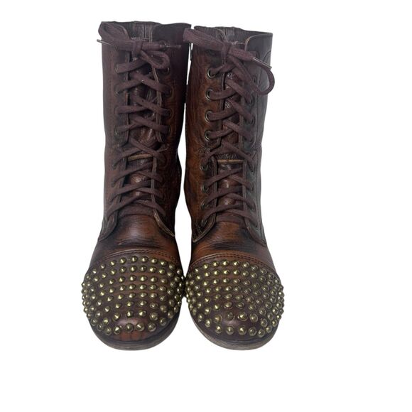 Steve Madden Combat Boots Women 9.5 Brown Leather Studs Spike Tarnney Biker Boot - Picture 2 of 16